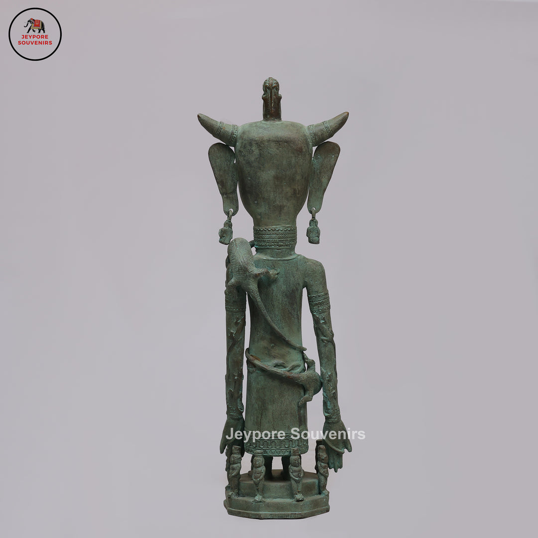 Vintage Tribal Brass Guardian Sculpture with Green Patina &amp; Attendant Figures