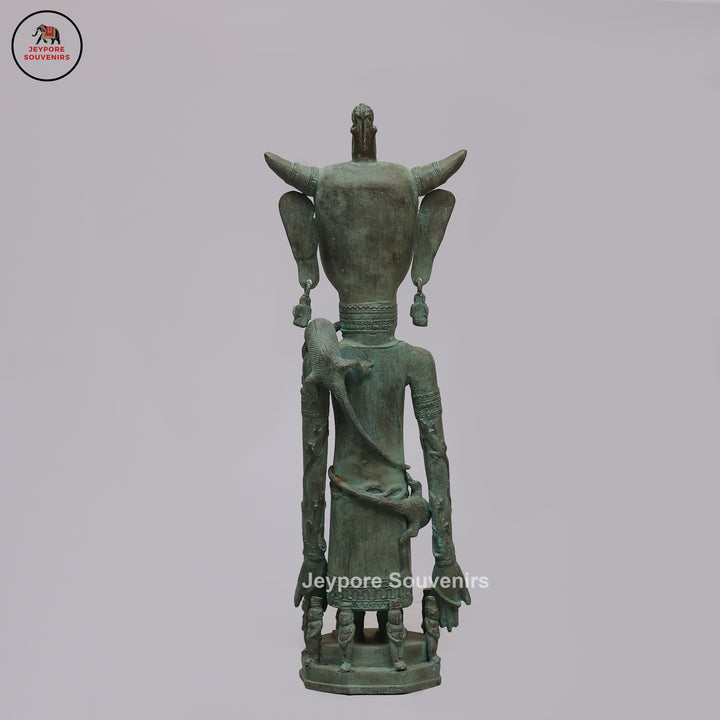 Vintage Tribal Brass Guardian Sculpture with Green Patina &amp; Attendant Figures