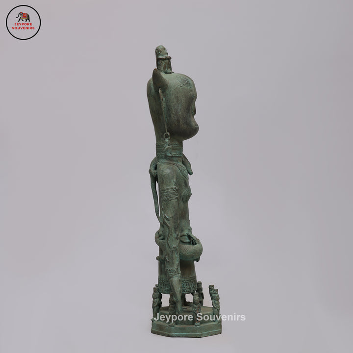 Vintage Tribal Brass Guardian Sculpture with Green Patina &amp; Attendant Figures
