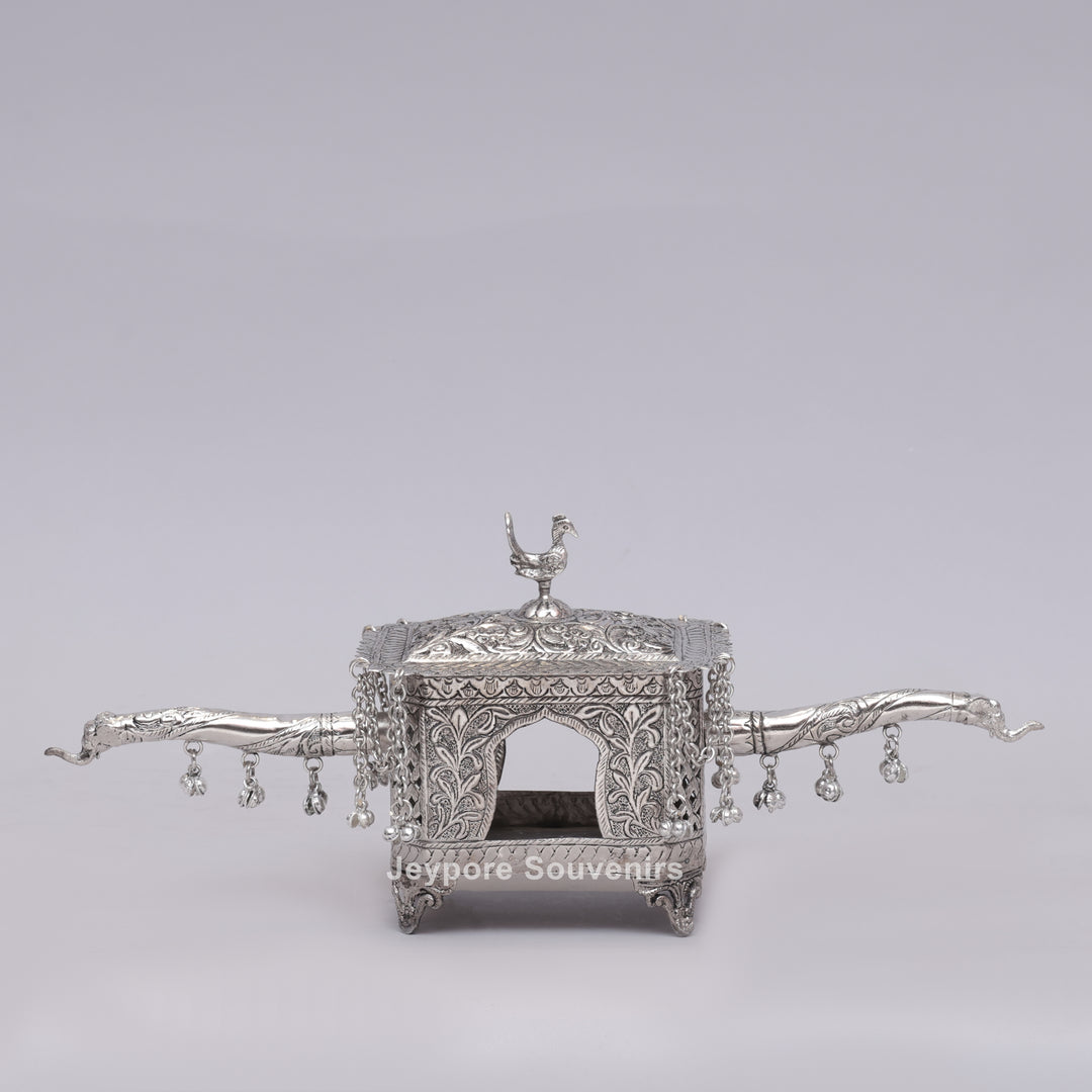 Handcrafted Silver Polished Palki with Peacock Finial
