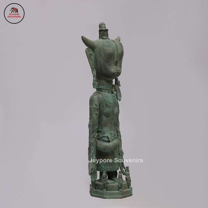 Vintage Tribal Brass Guardian Sculpture with Green Patina &amp; Attendant Figures