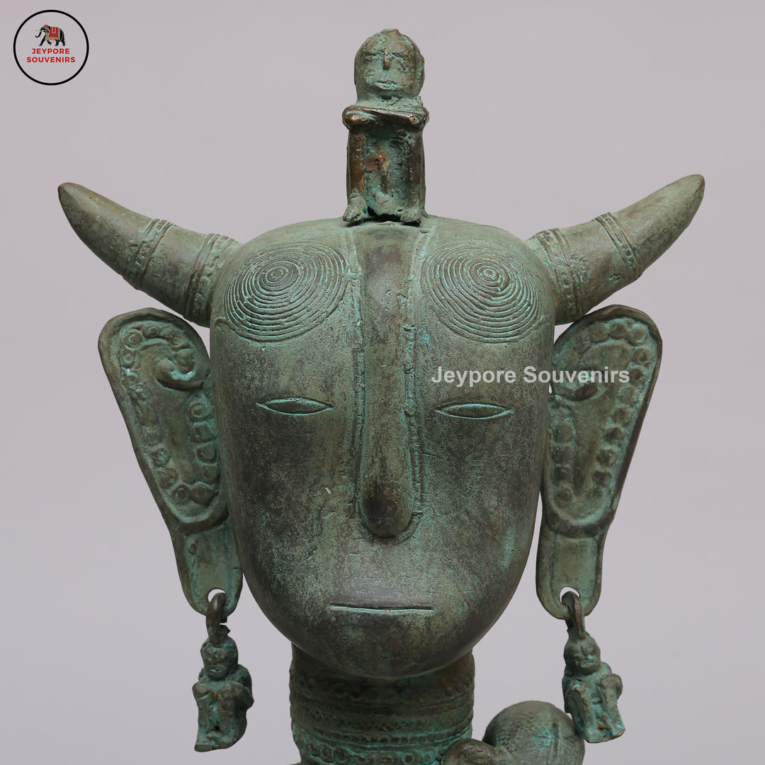 Vintage Tribal Brass Guardian Sculpture with Green Patina &amp; Attendant Figures