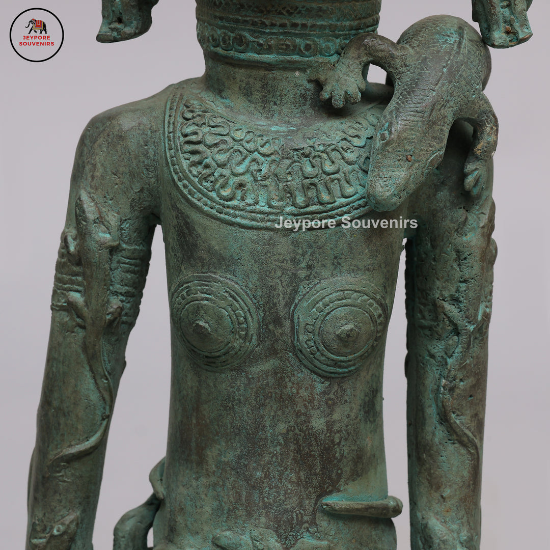 Vintage Tribal Brass Guardian Sculpture with Green Patina &amp; Attendant Figures