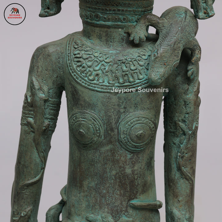 Vintage Tribal Brass Guardian Sculpture with Green Patina &amp; Attendant Figures