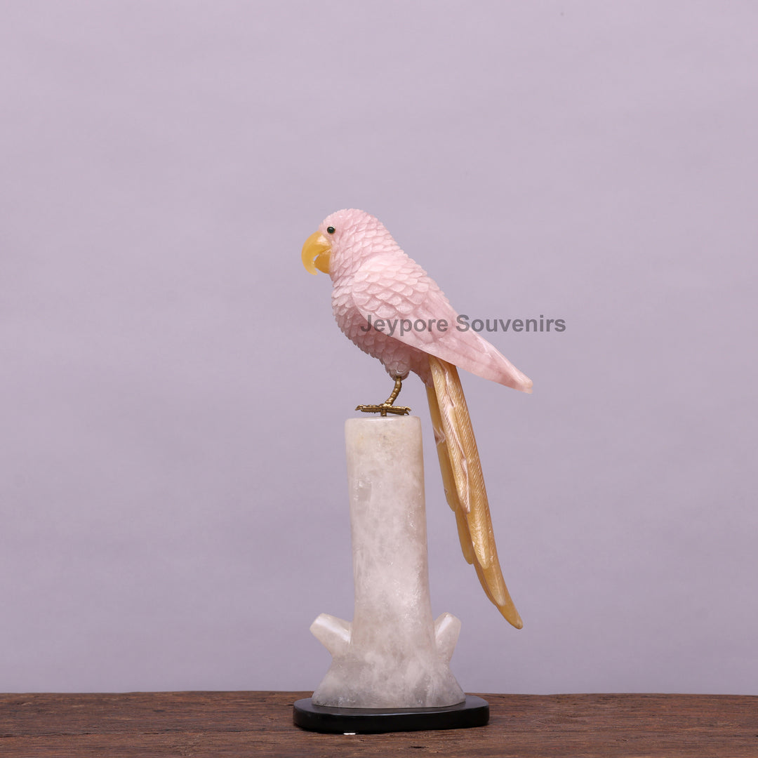 Pink Parakeet Bird on Rose Quartz – Semi-Precious Stone