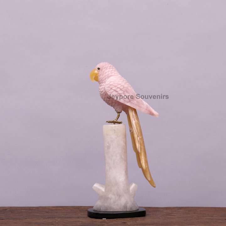 Pink Parakeet Bird on Rose Quartz – Semi-Precious Stone
