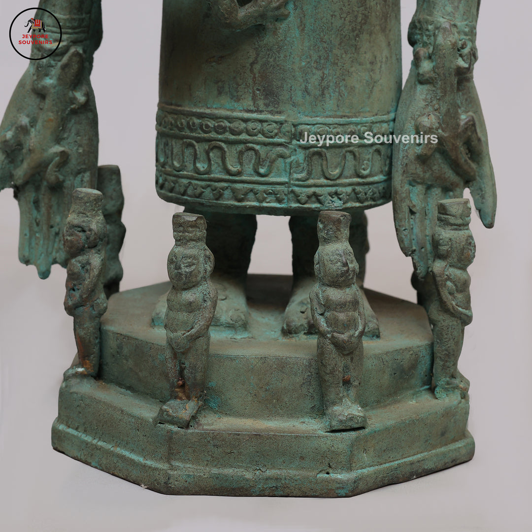 Vintage Tribal Brass Guardian Sculpture with Green Patina &amp; Attendant Figures
