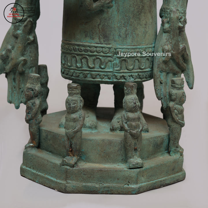 Vintage Tribal Brass Guardian Sculpture with Green Patina &amp; Attendant Figures