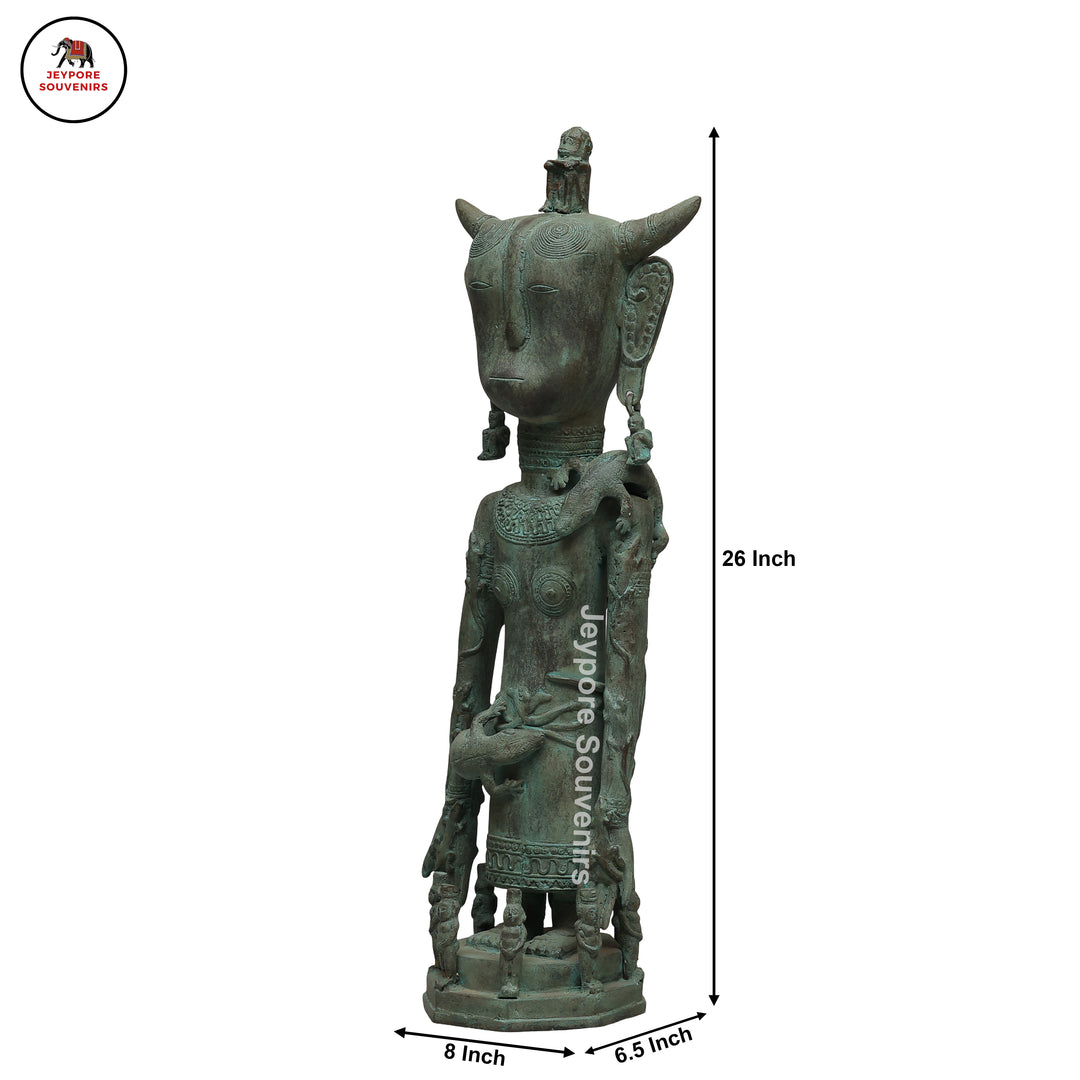 Vintage Tribal Brass Guardian Sculpture with Green Patina &amp; Attendant Figures