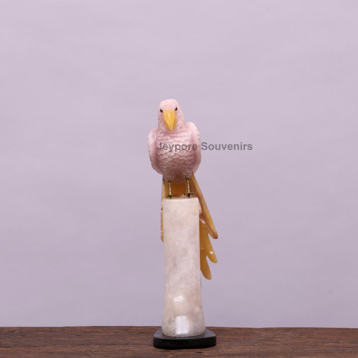 Pink Parakeet Bird on Rose Quartz – Semi-Precious Stone