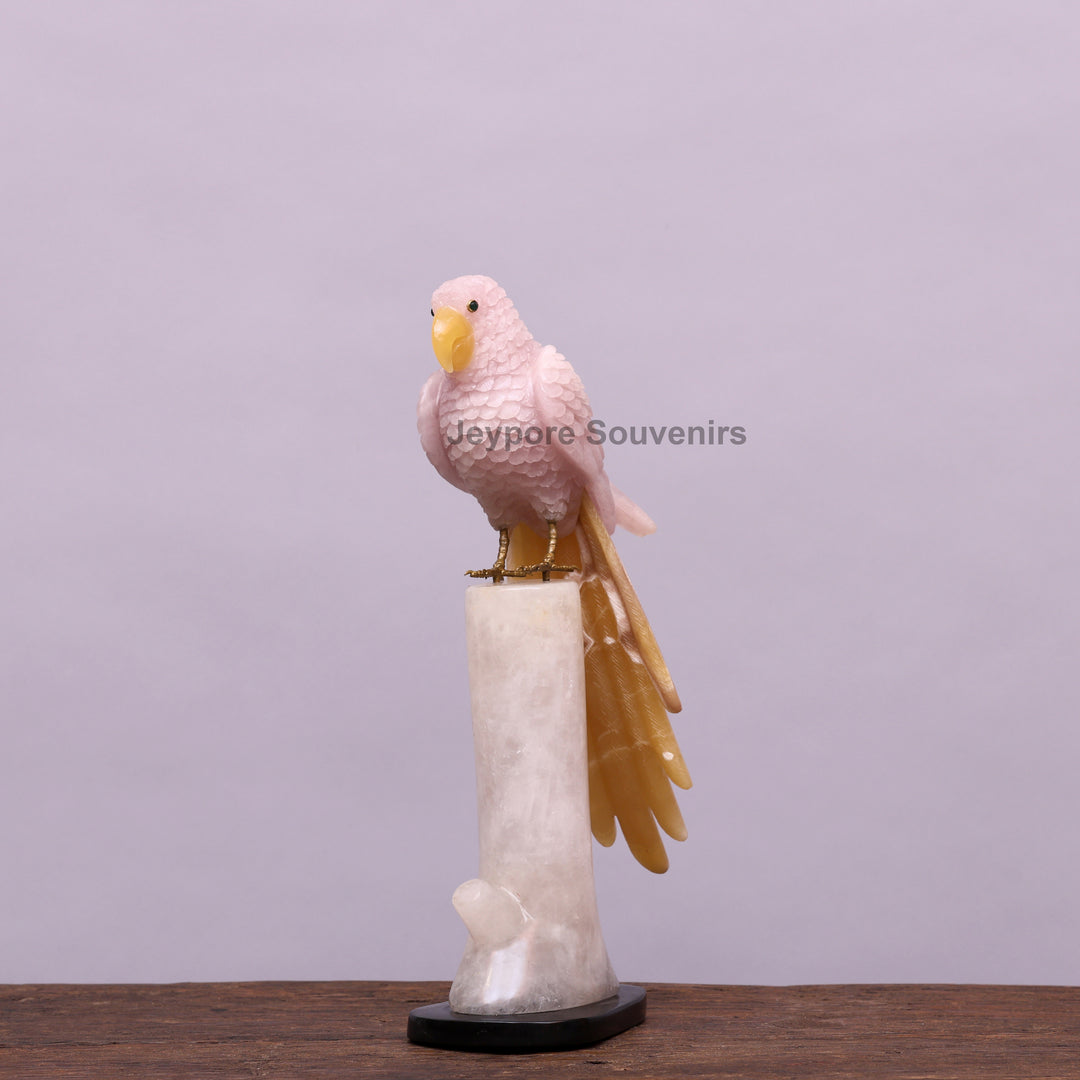 Pink Parakeet Bird on Rose Quartz – Semi-Precious Stone