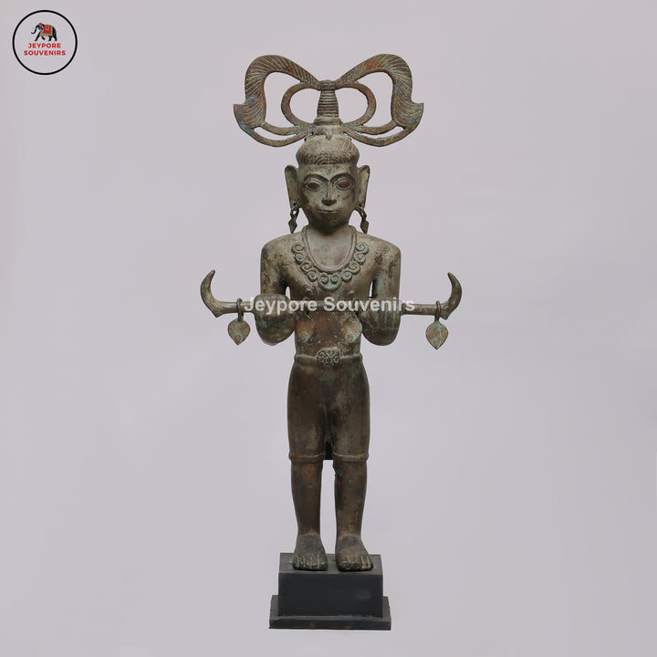 Handcrafted Brass Tribal Figurine with Winged Crown &amp; Crescent-Horn Attributes