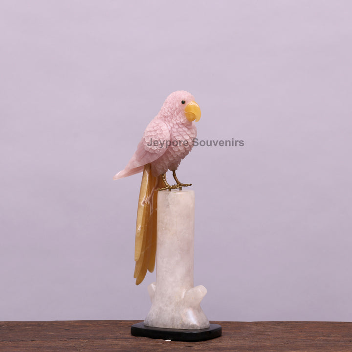 Pink Parakeet Bird on Rose Quartz – Semi-Precious Stone