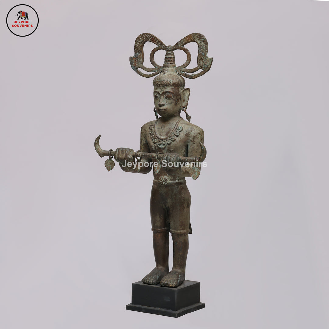Handcrafted Brass Tribal Figurine with Winged Crown &amp; Crescent-Horn Attributes