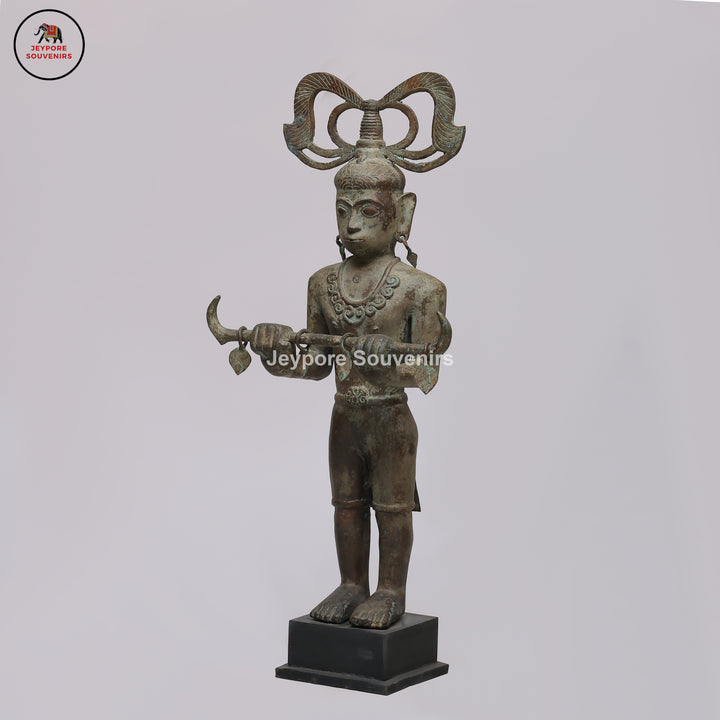 Handcrafted Brass Tribal Figurine with Winged Crown &amp; Crescent-Horn Attributes