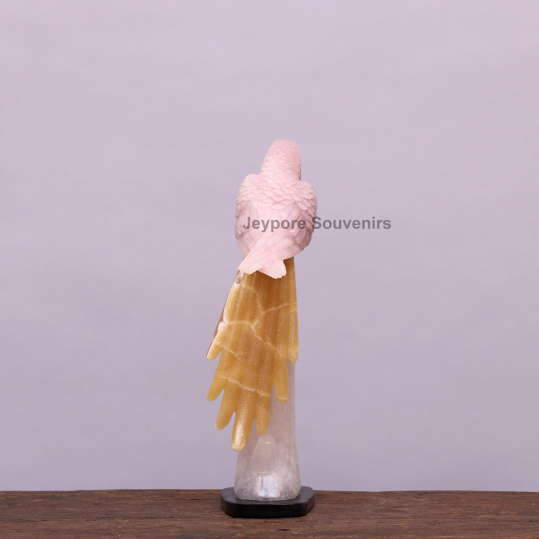 Pink Parakeet Bird on Rose Quartz – Semi-Precious Stone