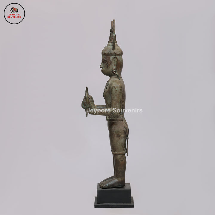 Handcrafted Brass Tribal Figurine with Winged Crown &amp; Crescent-Horn Attributes