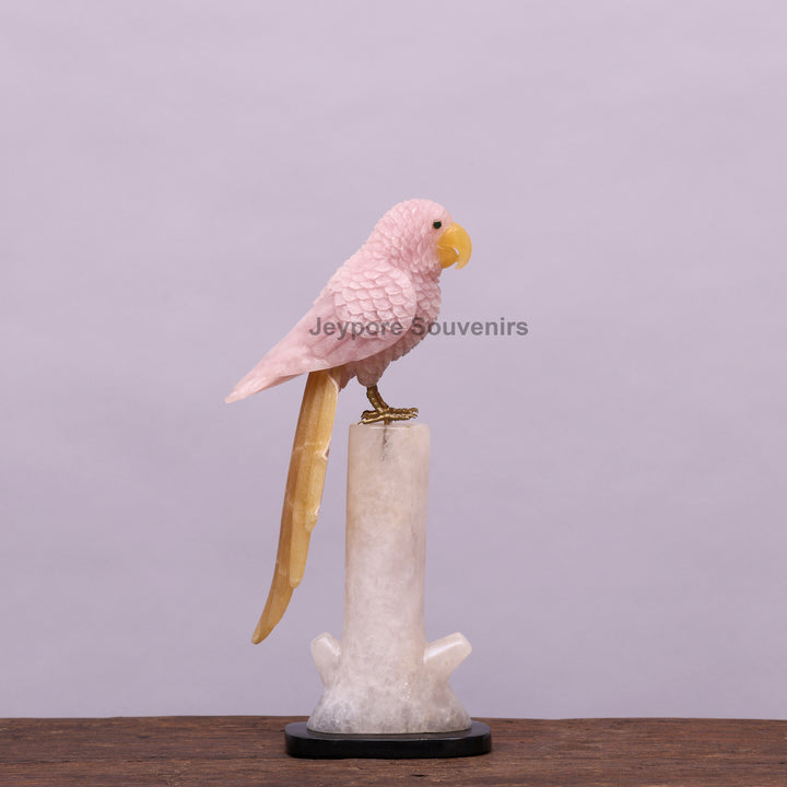 Pink Parakeet Bird on Rose Quartz – Semi-Precious Stone