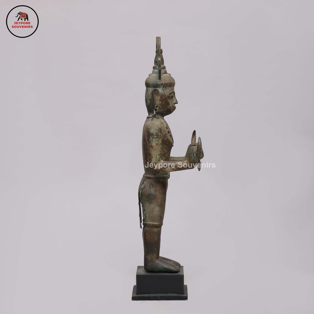 Handcrafted Brass Tribal Figurine with Winged Crown &amp; Crescent-Horn Attributes
