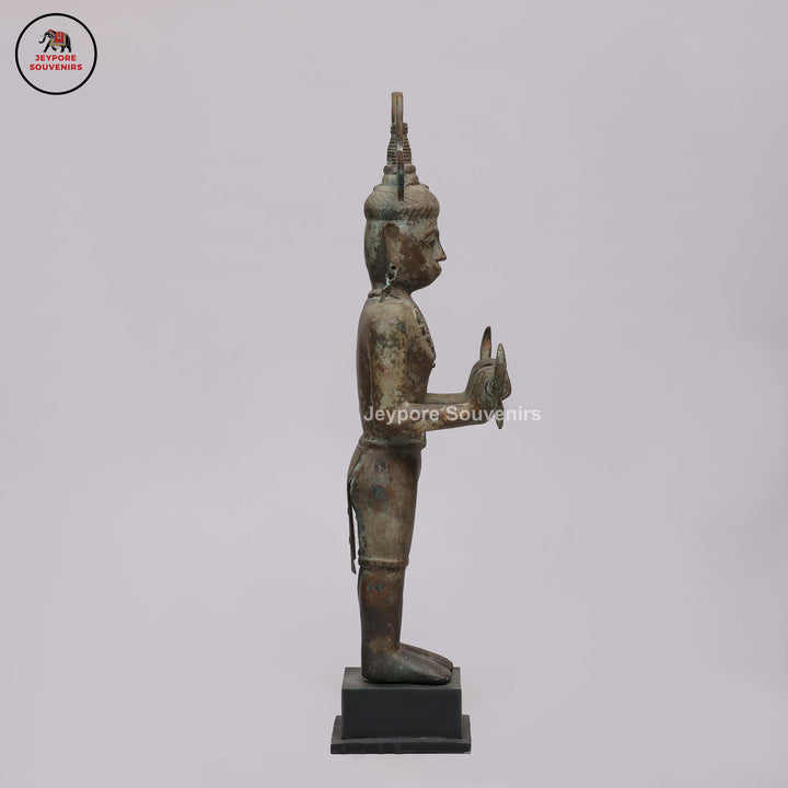 Handcrafted Brass Tribal Figurine with Winged Crown &amp; Crescent-Horn Attributes