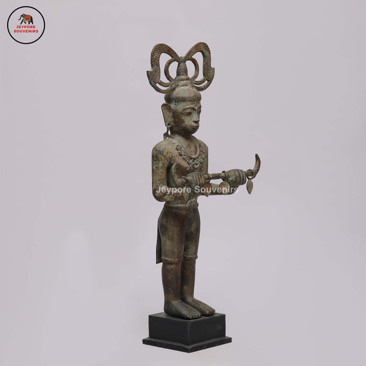 Handcrafted Brass Tribal Figurine with Winged Crown &amp; Crescent-Horn Attributes