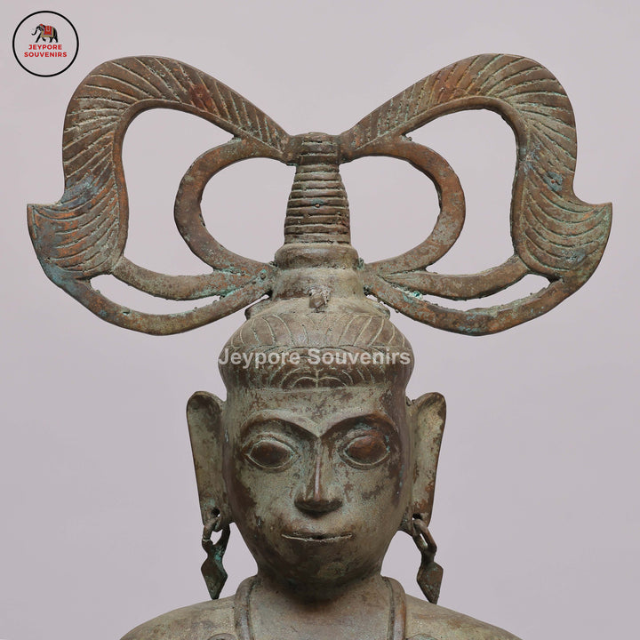 Handcrafted Brass Tribal Figurine with Winged Crown &amp; Crescent-Horn Attributes