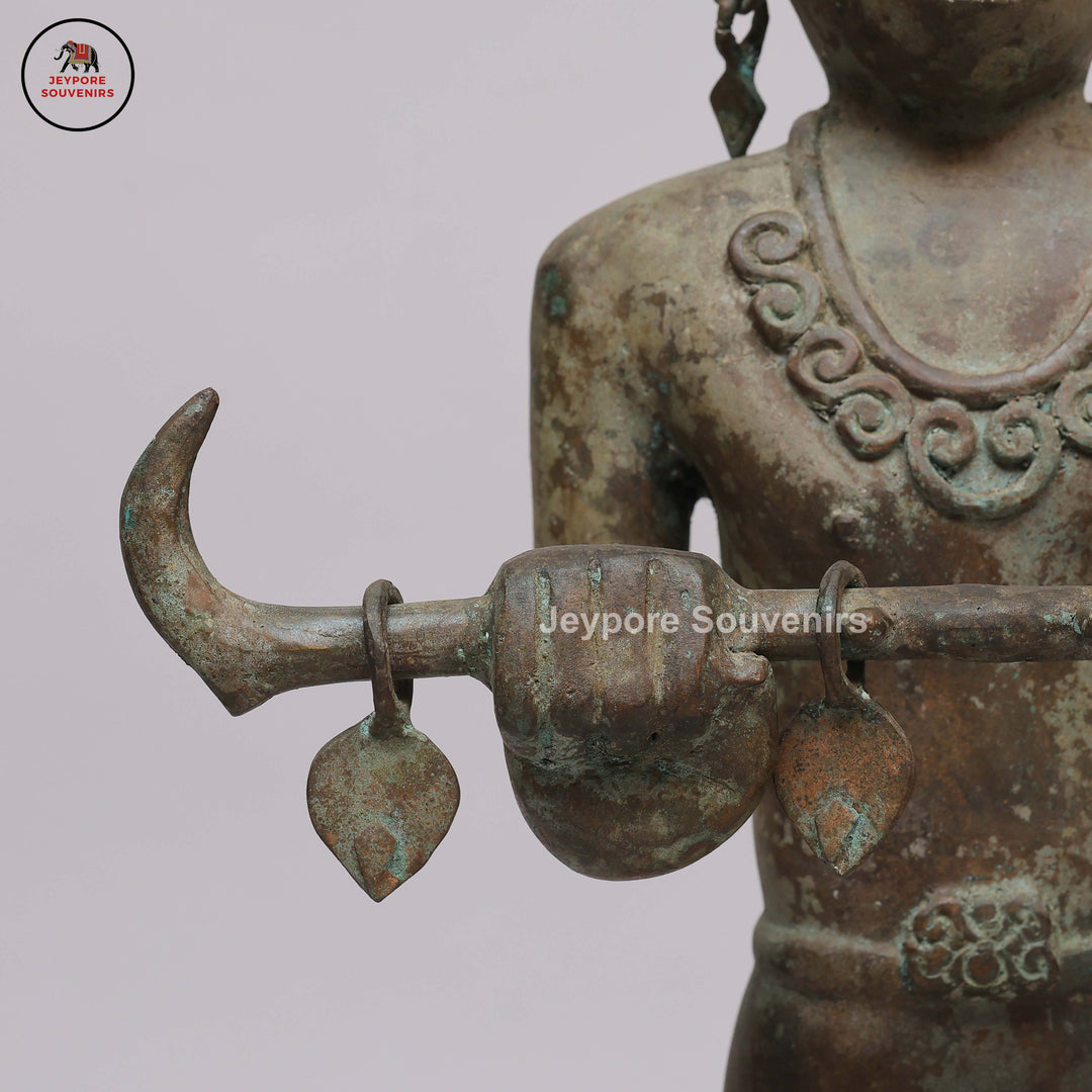 Handcrafted Brass Tribal Figurine with Winged Crown &amp; Crescent-Horn Attributes