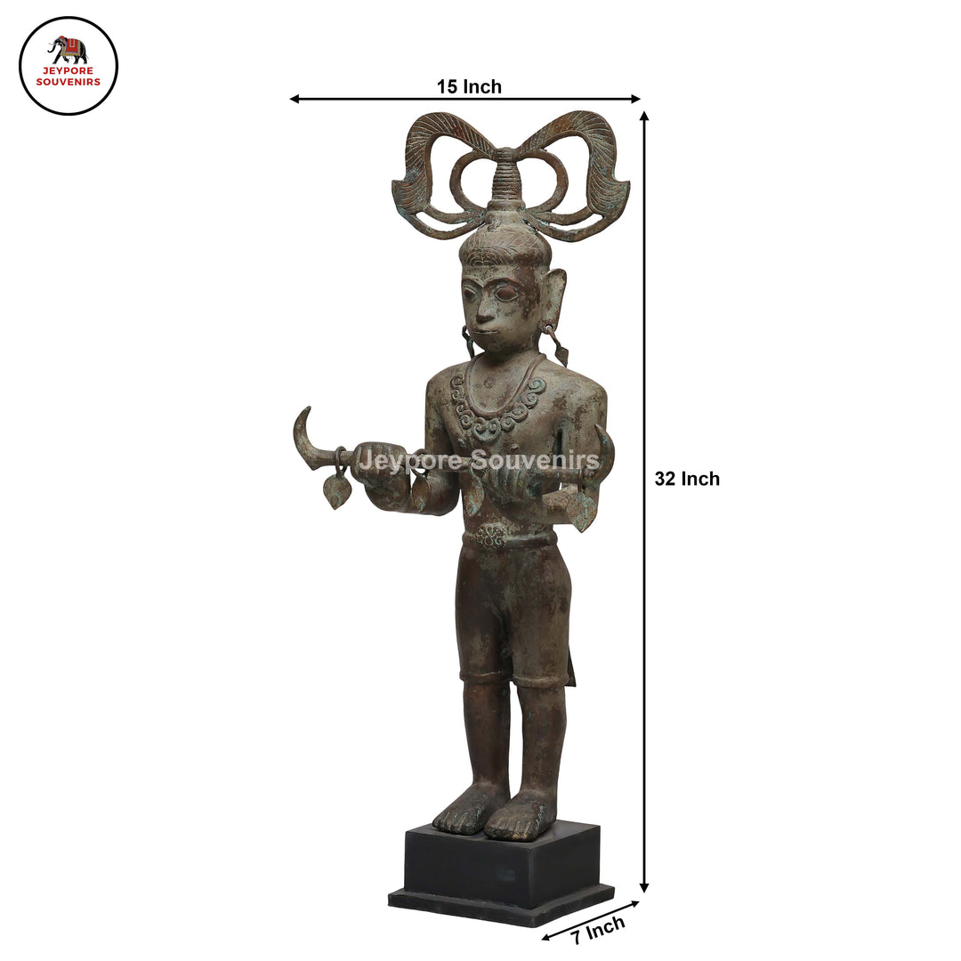 Handcrafted Brass Tribal Figurine with Winged Crown &amp; Crescent-Horn Attributes