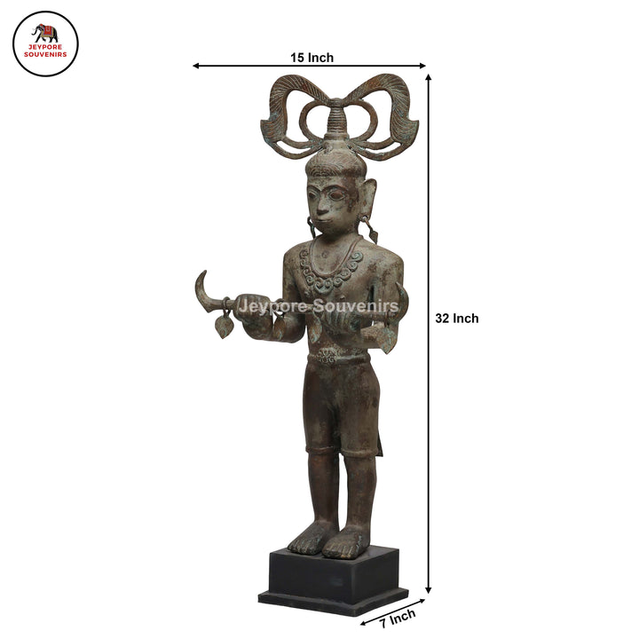 Handcrafted Brass Tribal Figurine with Winged Crown &amp; Crescent-Horn Attributes