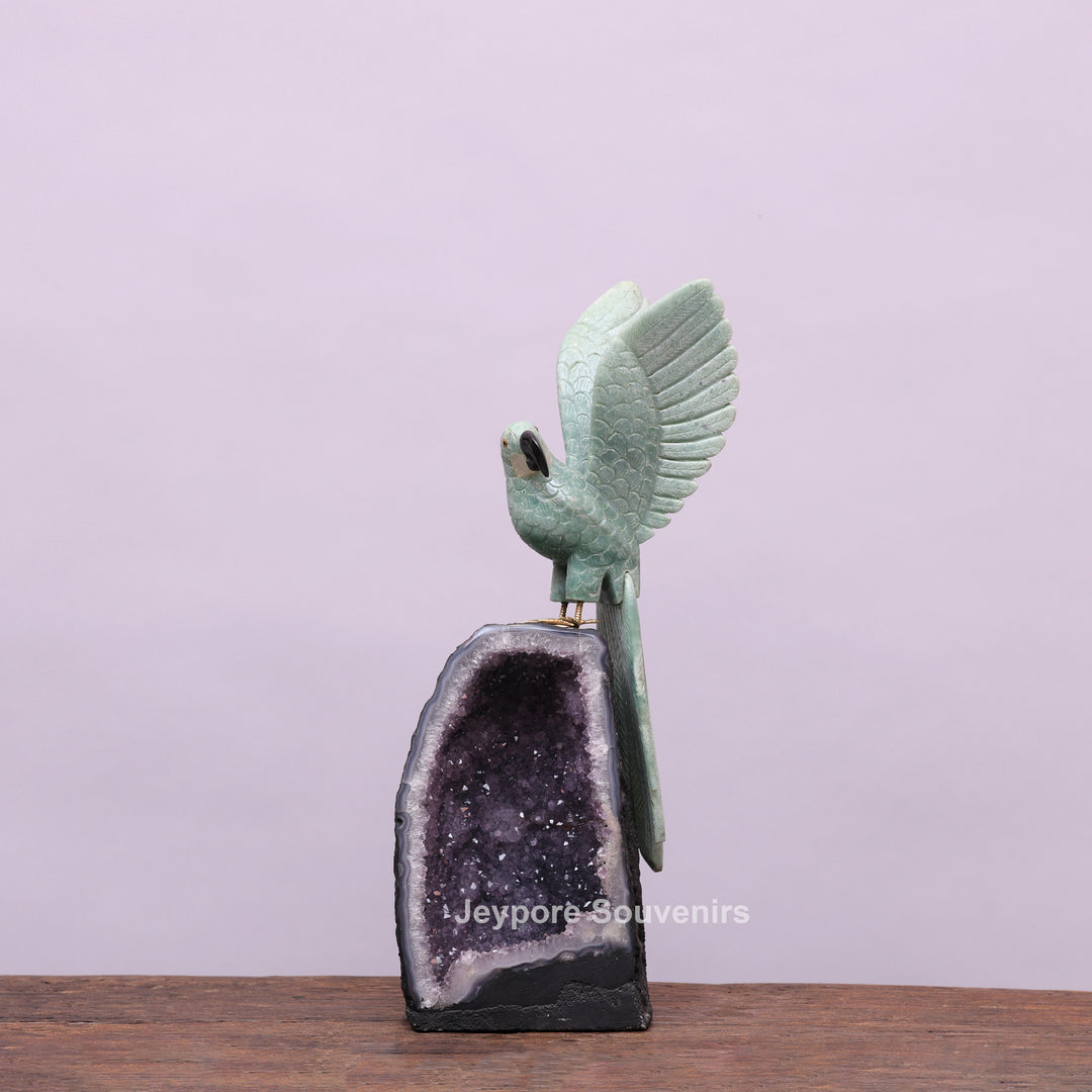 Jade Parrot Sculpture With Amethyst Base