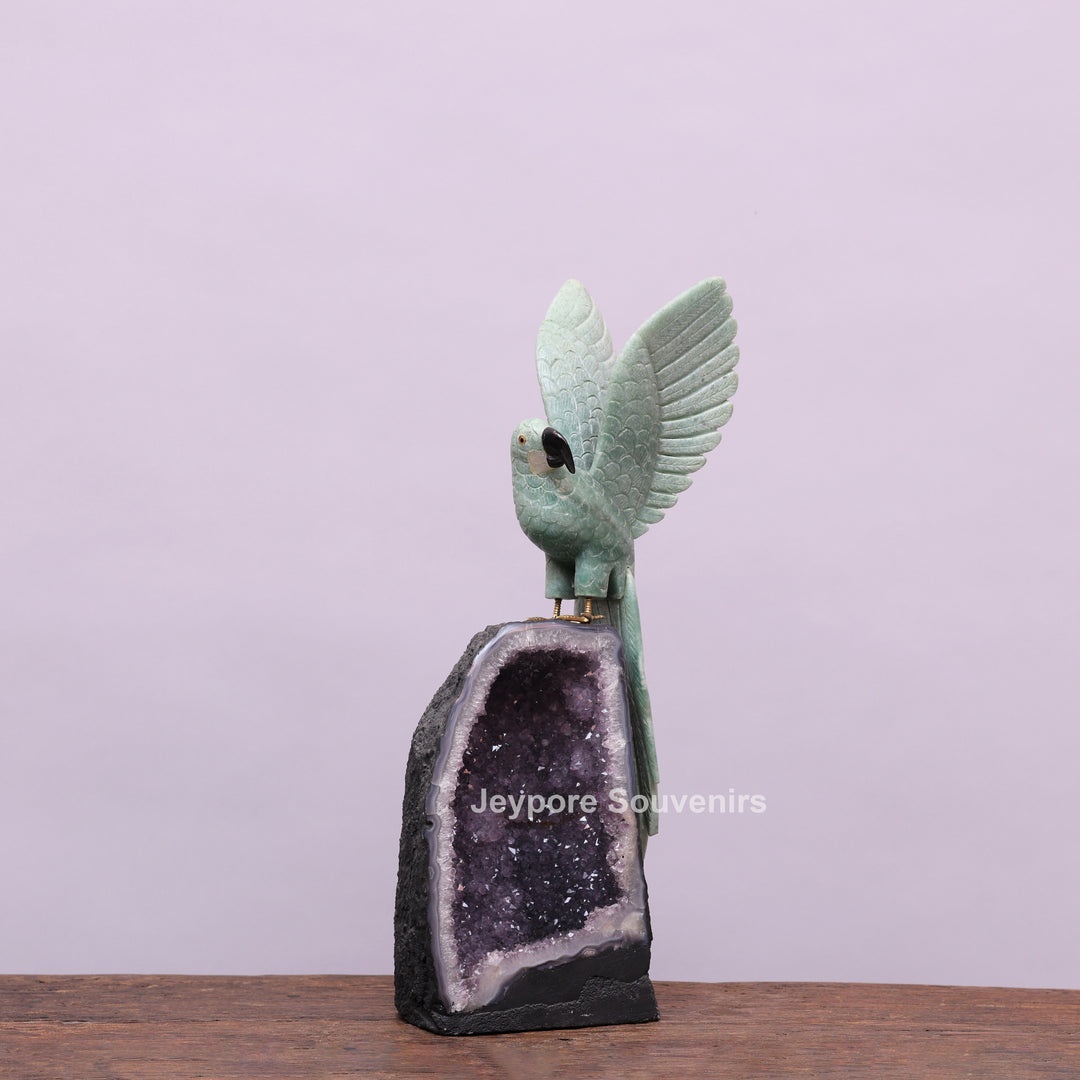Jade Parrot Sculpture With Amethyst Base
