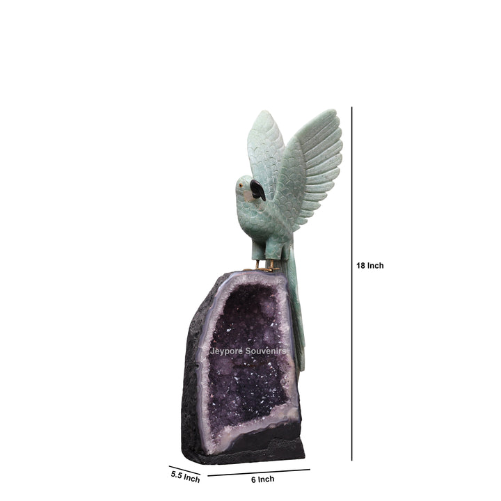Jade Parrot Sculpture With Amethyst Base