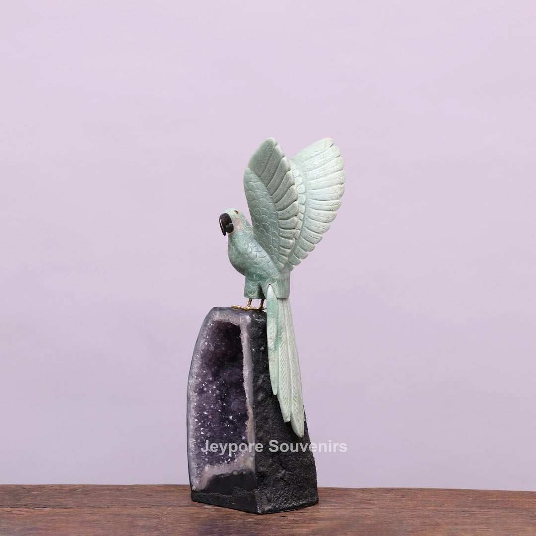 Jade Parrot Sculpture With Amethyst Base