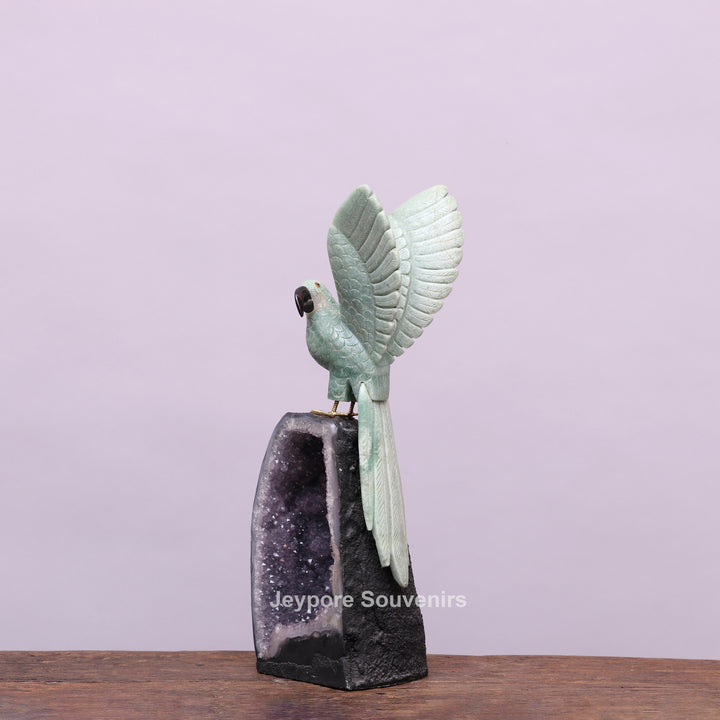 Jade Parrot Sculpture With Amethyst Base