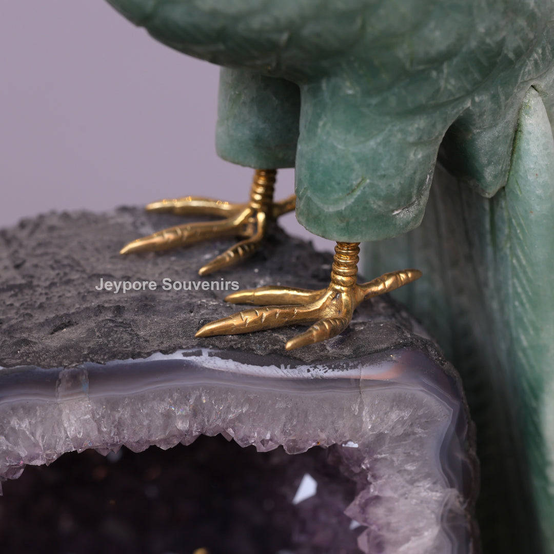 Jade Parrot Sculpture With Amethyst Base