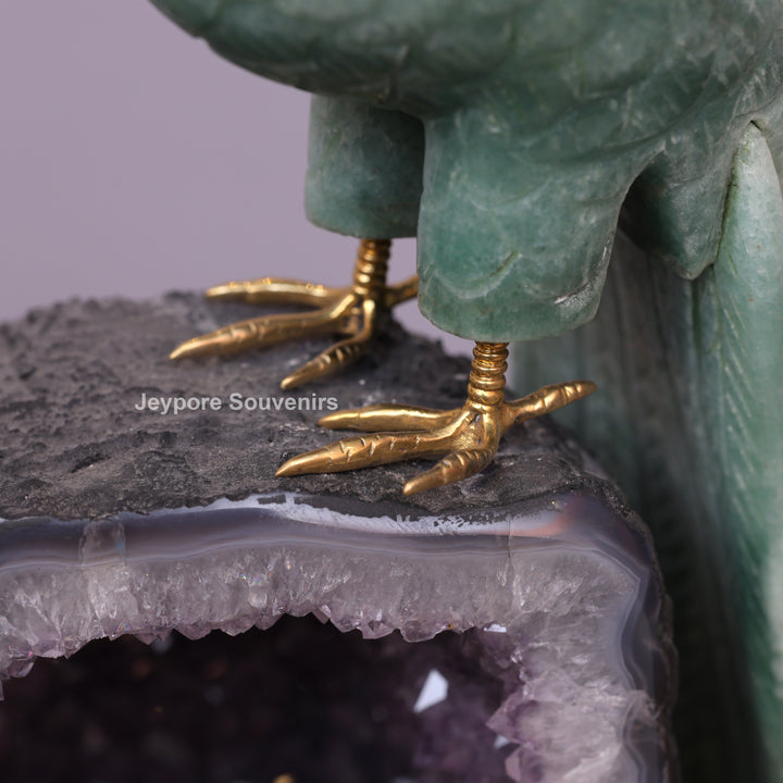 Jade Parrot Sculpture With Amethyst Base