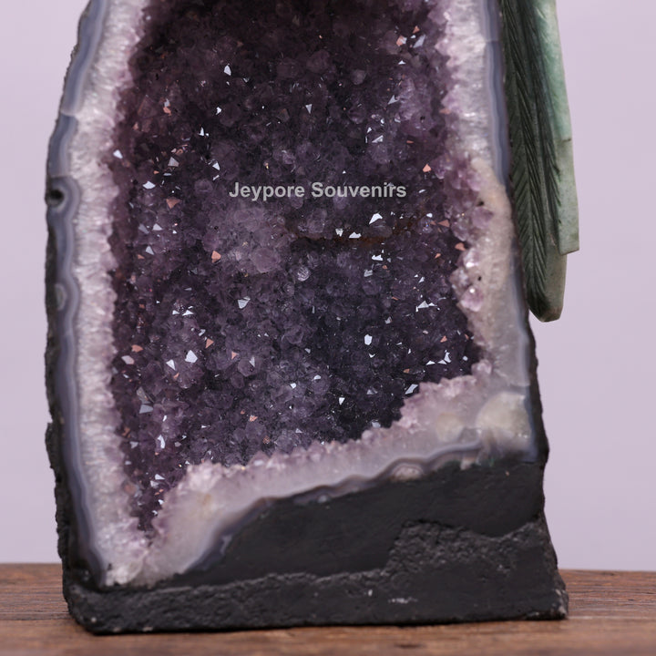 Jade Parrot Sculpture With Amethyst Base