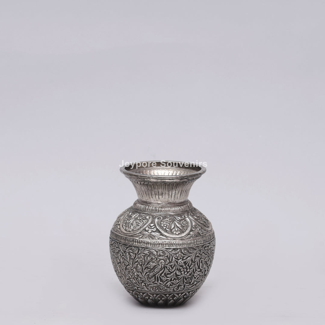 Handcrafted Silver Polished Engraved Decorative Vase