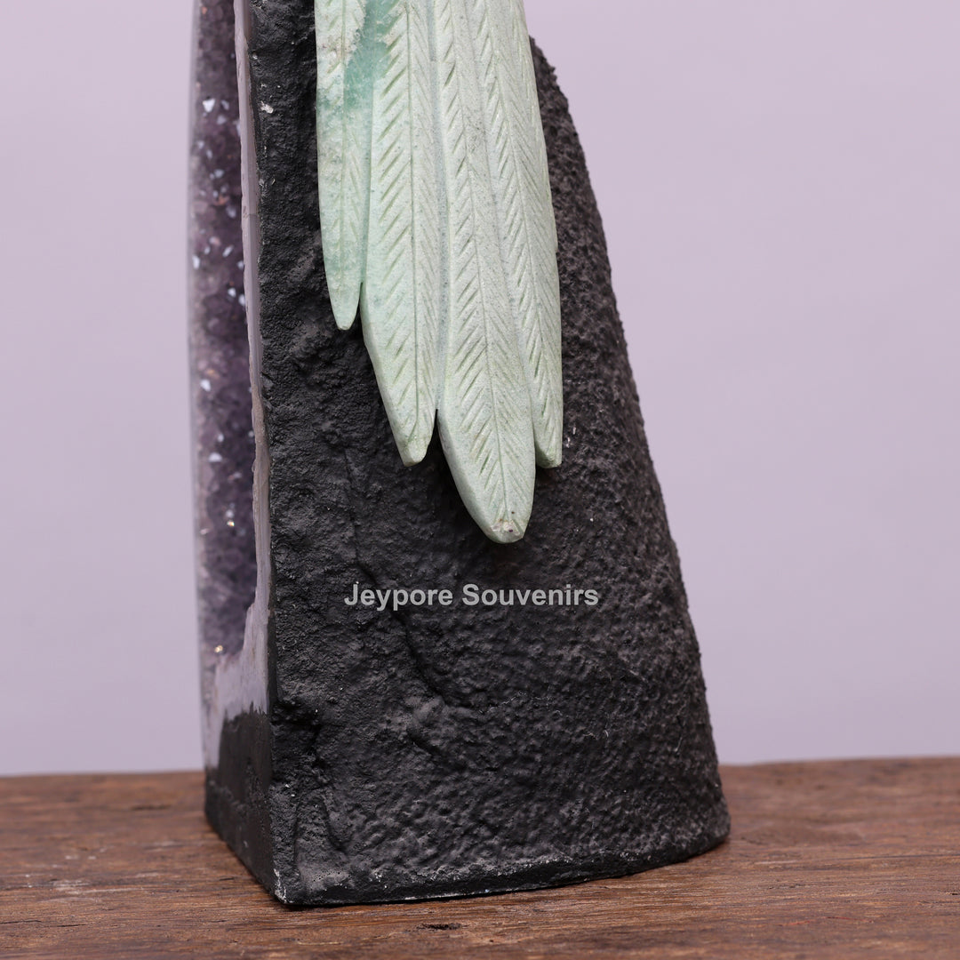 Jade Parrot Sculpture With Amethyst Base