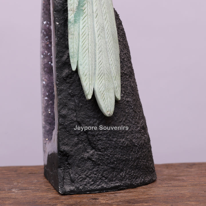 Jade Parrot Sculpture With Amethyst Base