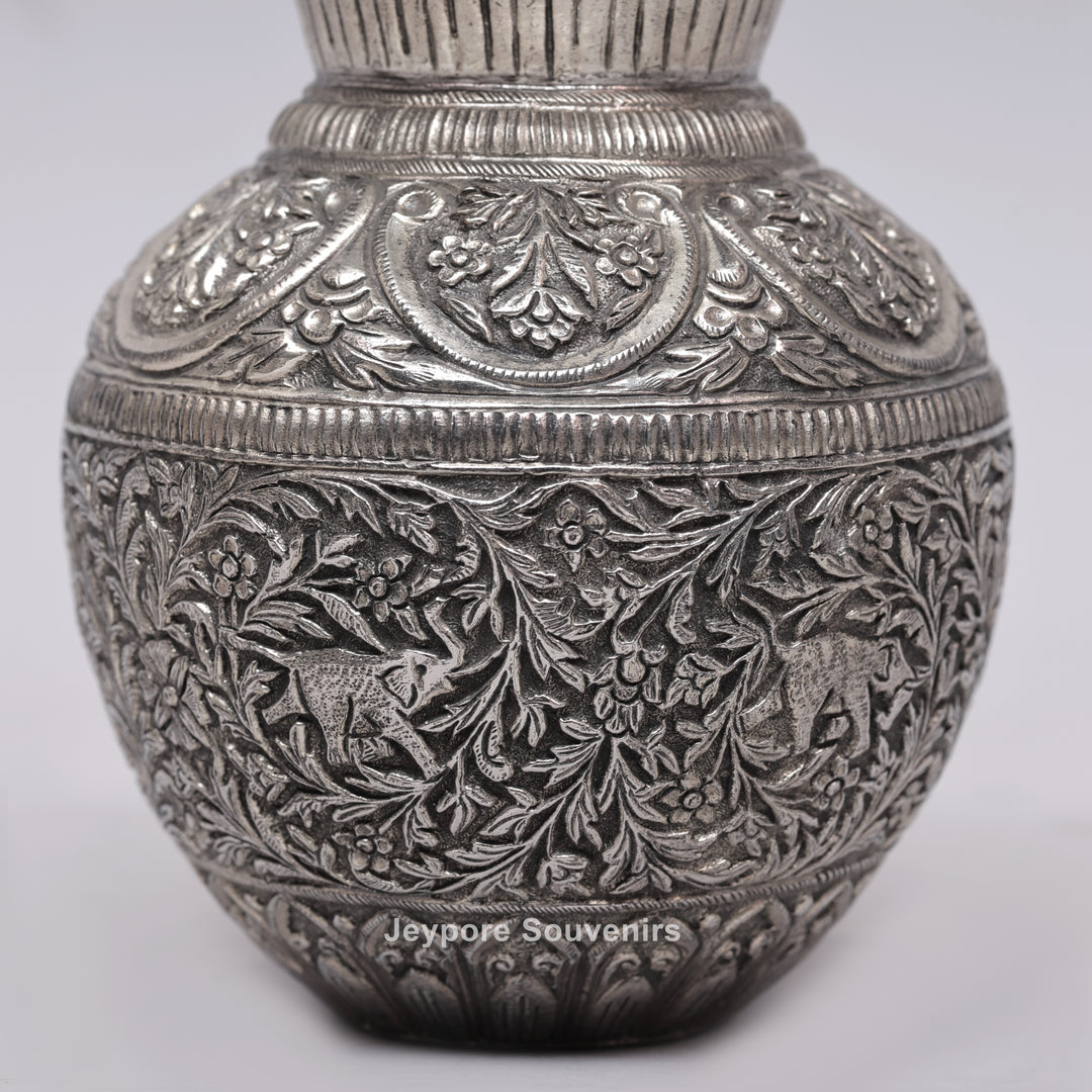 Handcrafted Silver Polished Engraved Decorative Vase