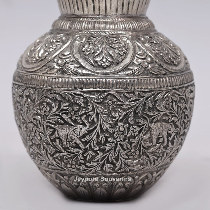 Handcrafted Silver Polished Engraved Decorative Vase