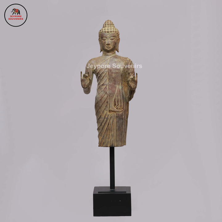 Antique Bronze Standing Buddha Statue with Dual Hand Gestures on Black Lacquer Plinth