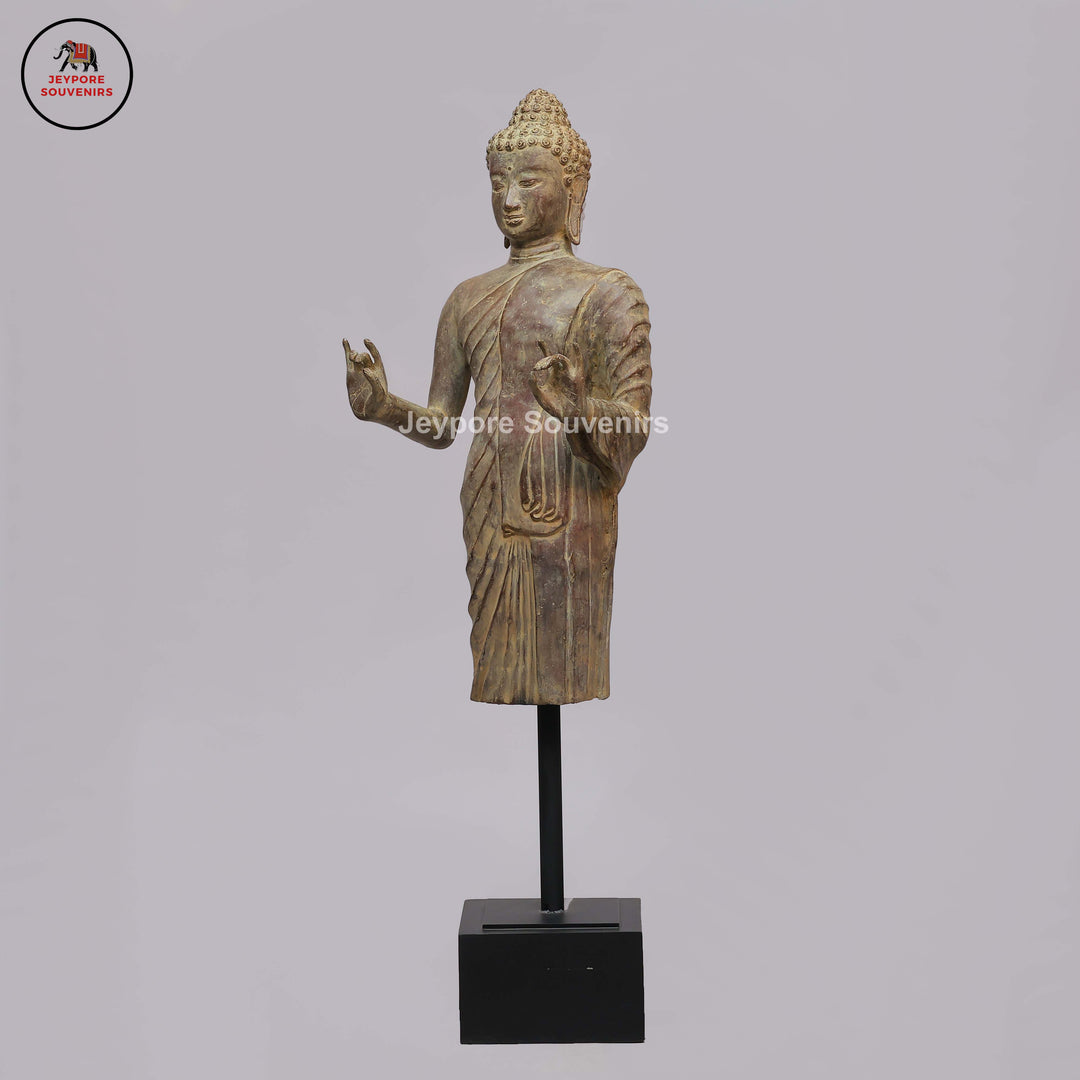 Antique Bronze Standing Buddha Statue with Dual Hand Gestures on Black Lacquer Plinth