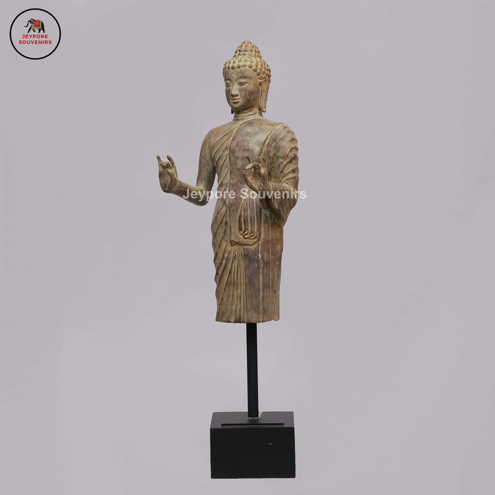 Antique Bronze Standing Buddha Statue with Dual Hand Gestures on Black Lacquer Plinth