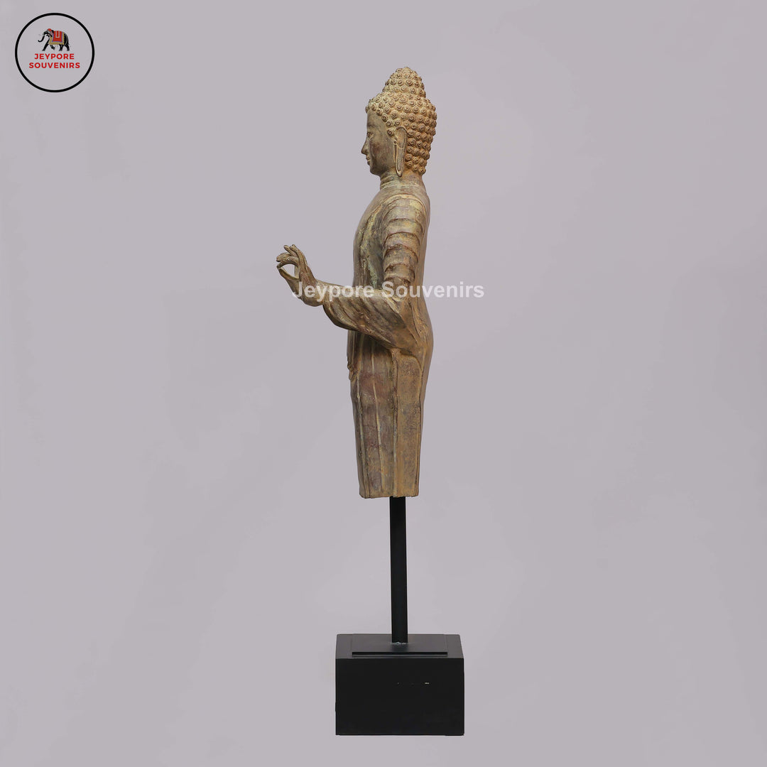 Antique Bronze Standing Buddha Statue with Dual Hand Gestures on Black Lacquer Plinth
