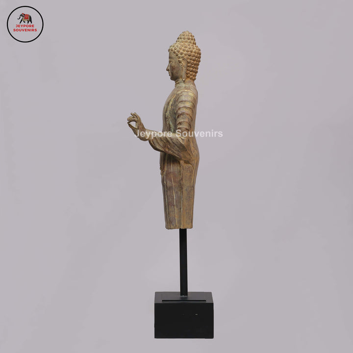 Antique Bronze Standing Buddha Statue with Dual Hand Gestures on Black Lacquer Plinth