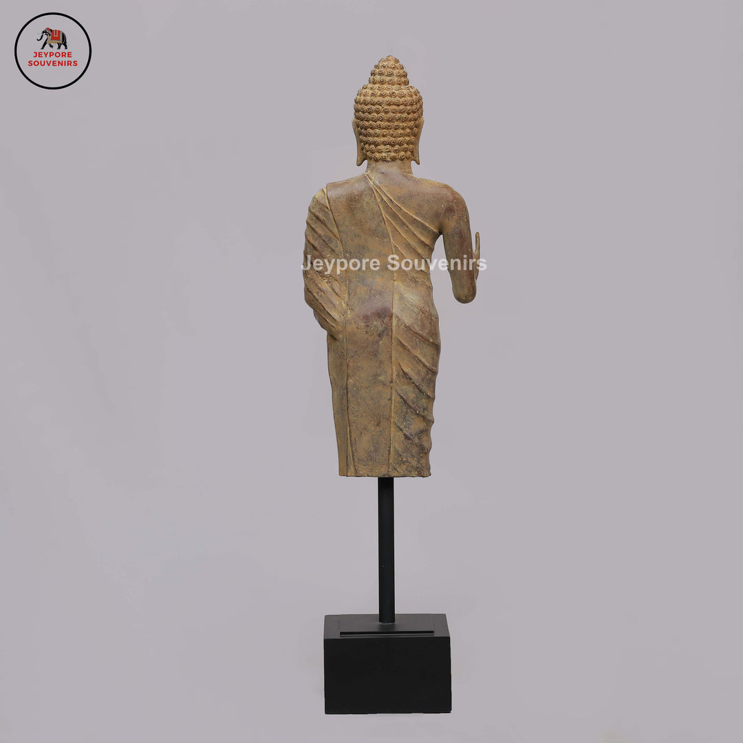 Antique Bronze Standing Buddha Statue with Dual Hand Gestures on Black Lacquer Plinth