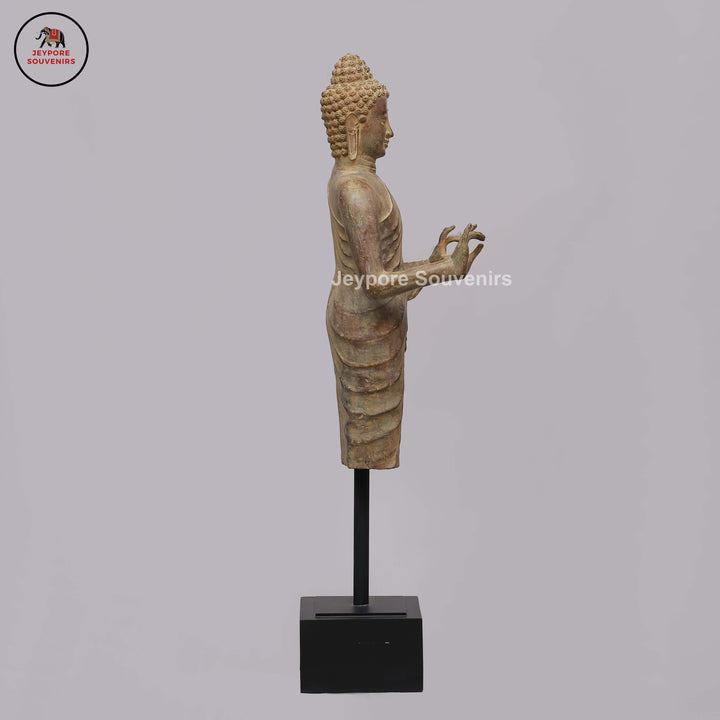 Antique Bronze Standing Buddha Statue with Dual Hand Gestures on Black Lacquer Plinth