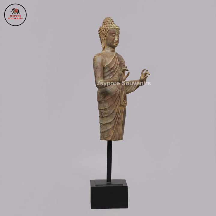 Antique Bronze Standing Buddha Statue with Dual Hand Gestures on Black Lacquer Plinth